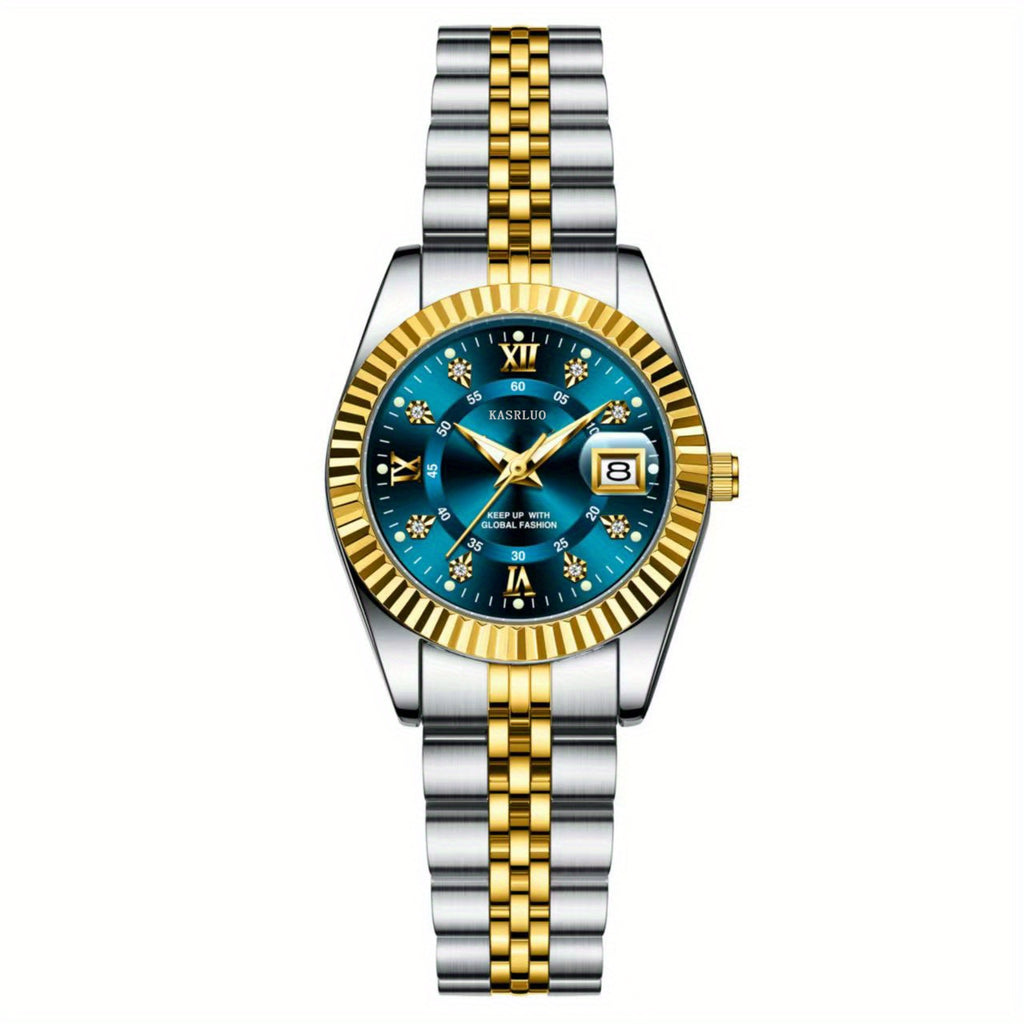 Elegant Women's Mechanical Watch - Gold Stainless Steel Band, Blue Dial, Boho World-Time Wristwatch, Ideal Gift