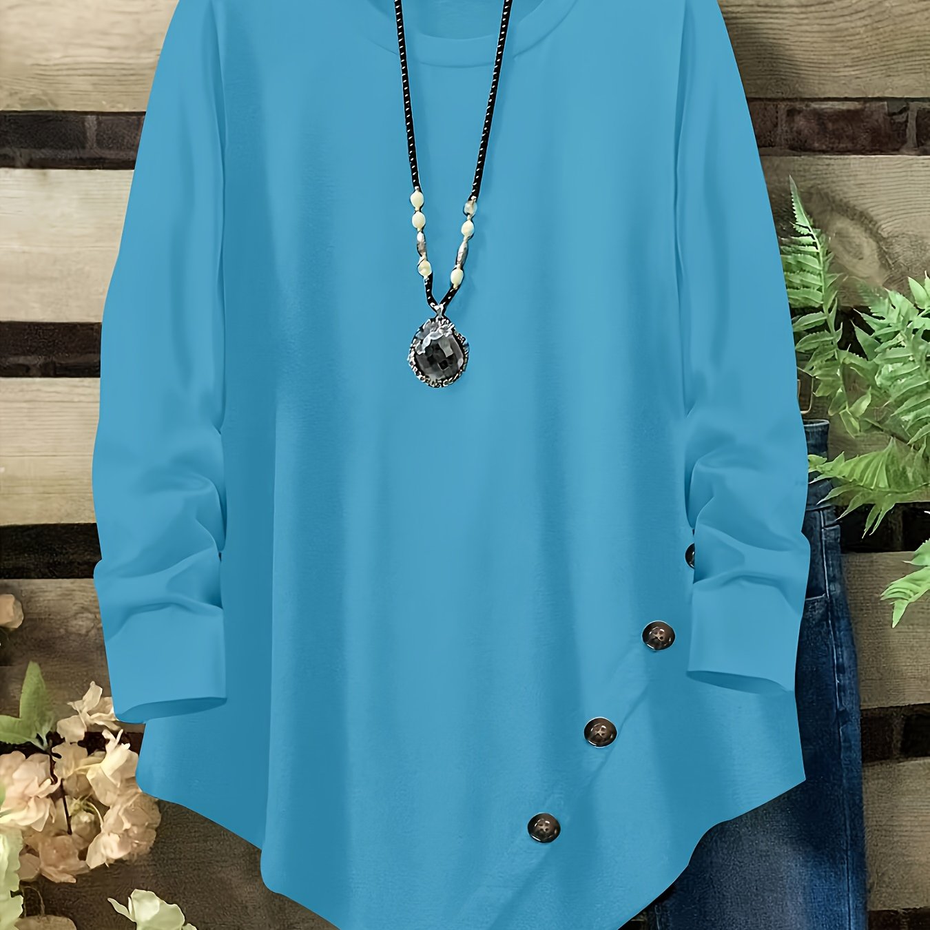 Plus Size Women's Loose Fit Long Sleeve Top with Button Detail, Round Neck & Asymmetrical Hem