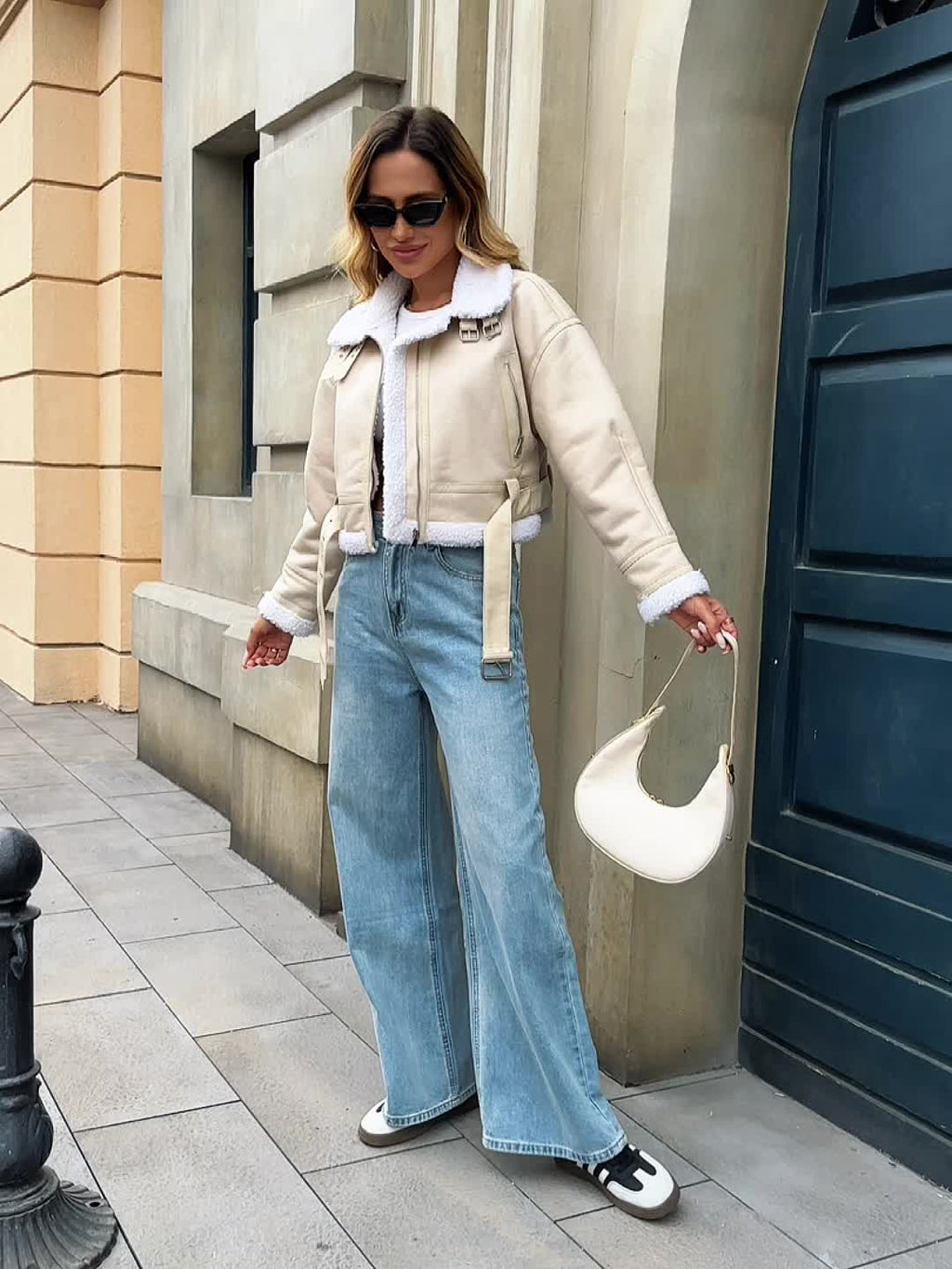 Women's Faux Lamb Fur Leather Belted Lapel Coat, Thick Warm Autumn Winter Jacket