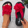Women's Floral Embellished Flip-Flops - Fabric Upper EVA Sole, Mid Platform Heel Slip-On Vacation Sandals