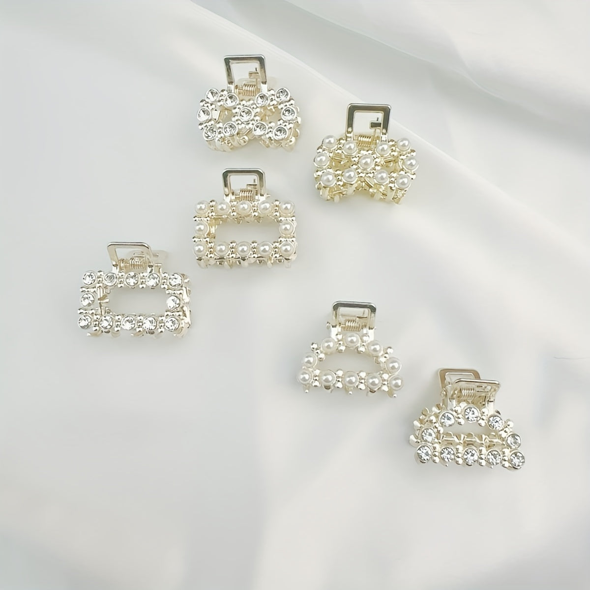 6-Pack Women's Metal Hair Claw Clips with Faux Pearls & Rhinestones, Elegant Boho Set