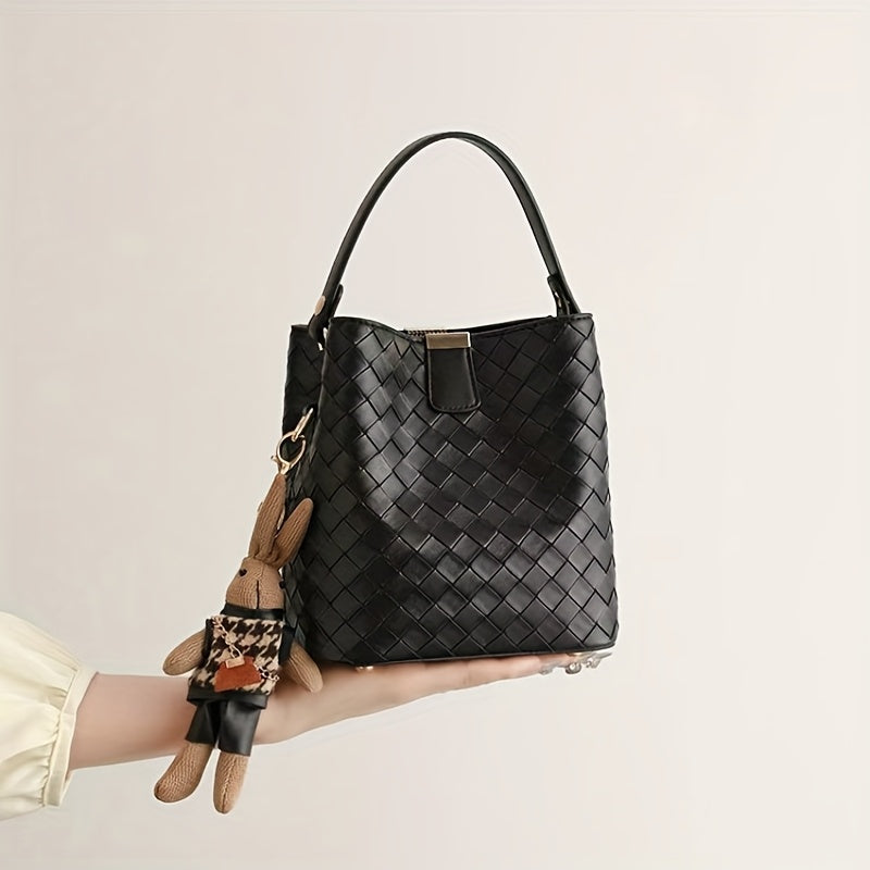 Women's Woven Faux Leather Bucket Handbag - Black Crossbody Shoulder Bag with Golden Hardware, Magnetic Closure, Adjustable Detachable Strap