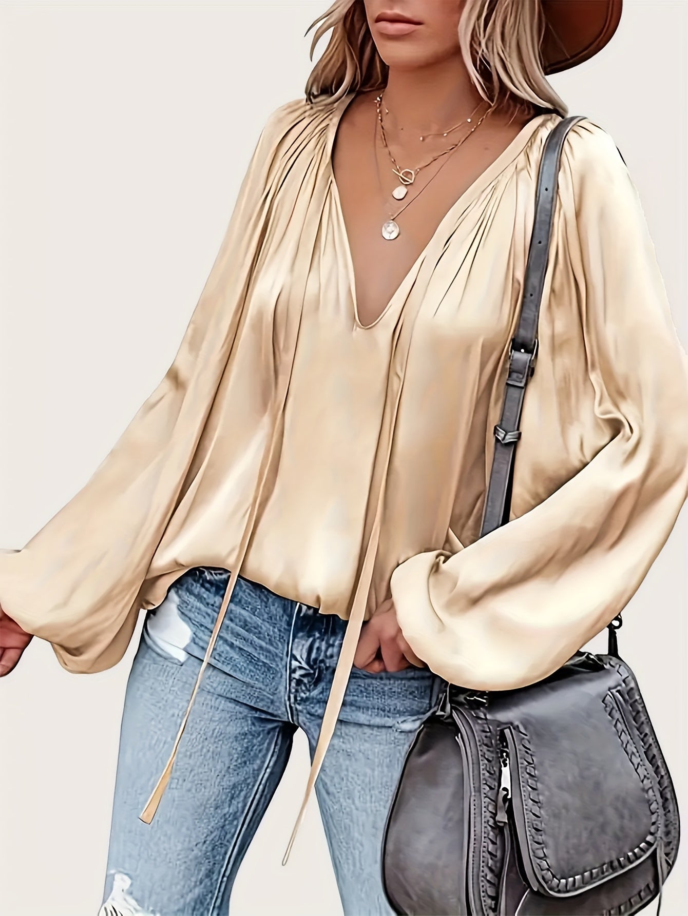 Green French Satin Tie-Front Blouse V-Neck Long Sleeve Ruched Top for Women