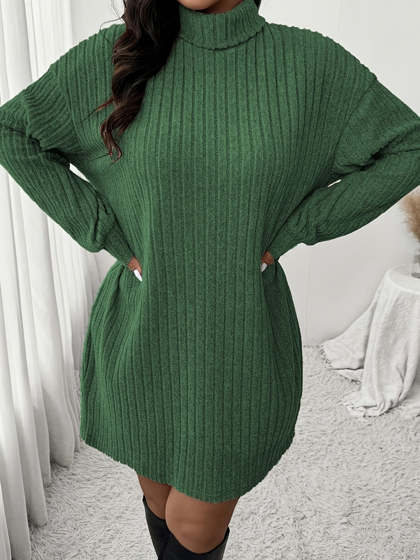 Plus Size High Neck Ribbed Knit Dress Long Sleeve Knee-Length Casual Winter Dress