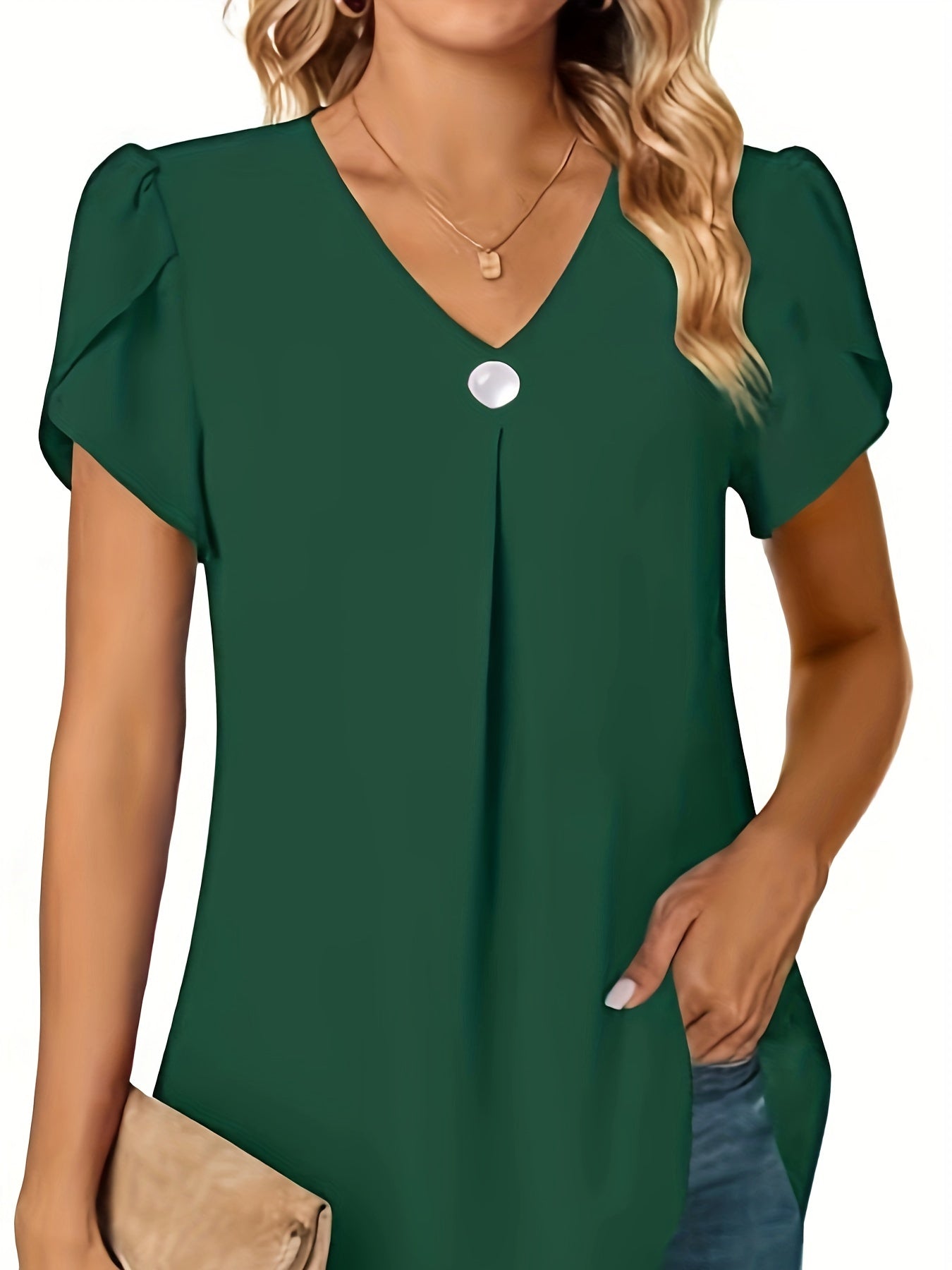 Women's Black Chiffon V-Neck Peplum Blouse with Ruffle Short Sleeves — Lightweight Polyester Summer Top