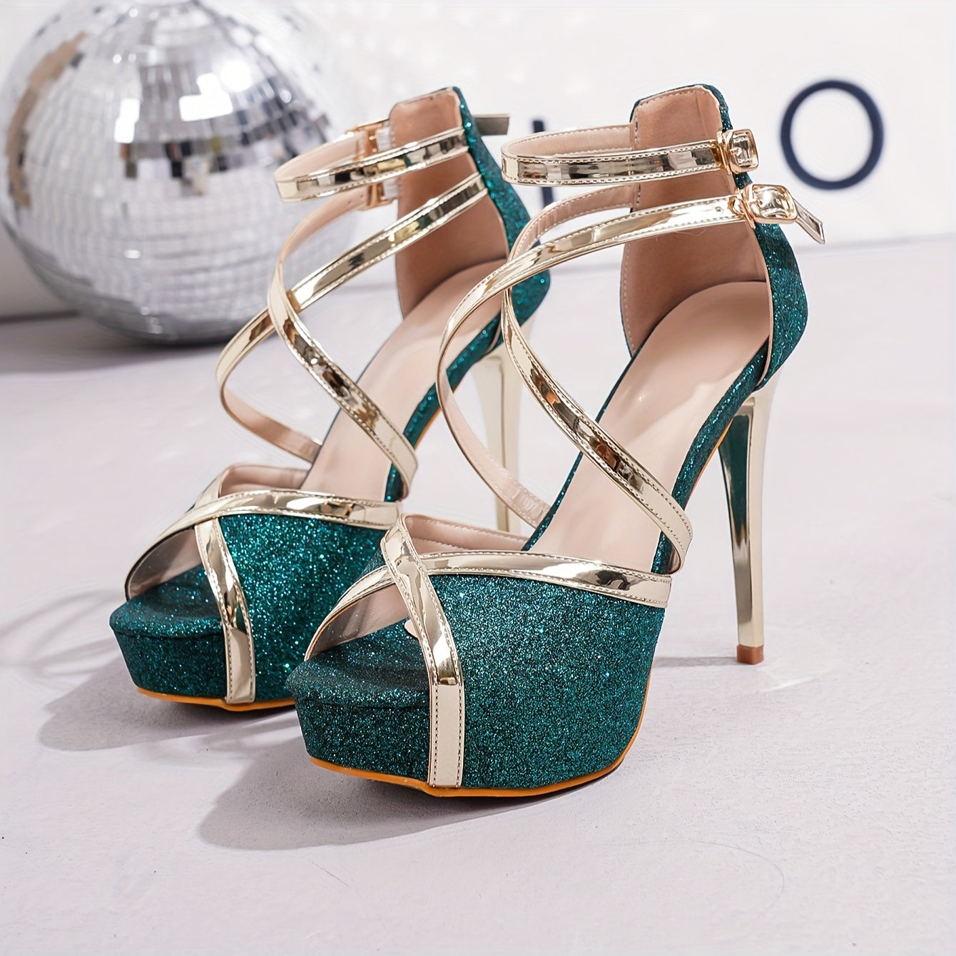 Glitter D'Orsay Stiletto Heels with Ankle Strap, Chunky Platform, Round Toe Pumps