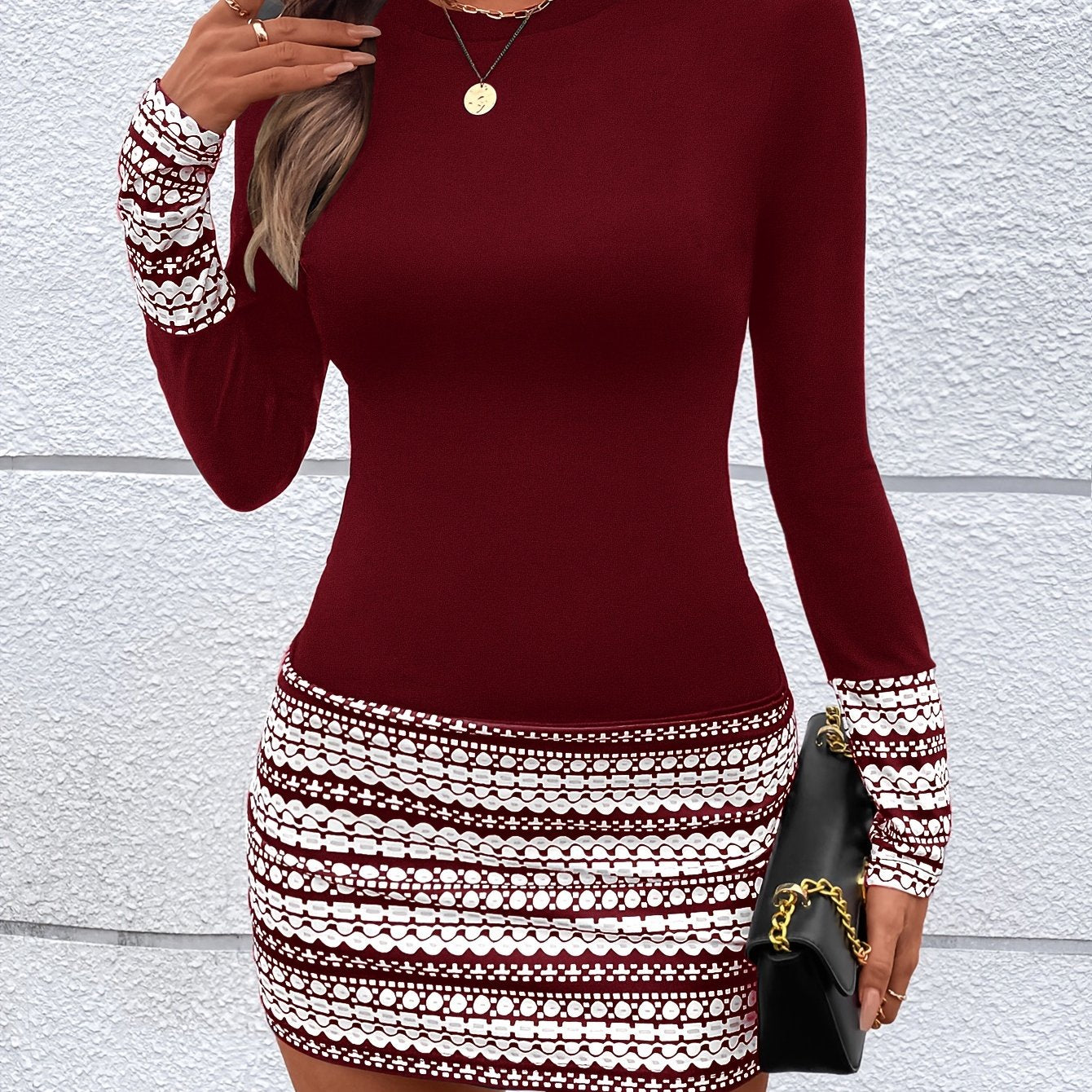 Women's Geometric Bodycon Dress, Long Sleeve Crew Neck, Polyester Knit, All-Season, Plus Size