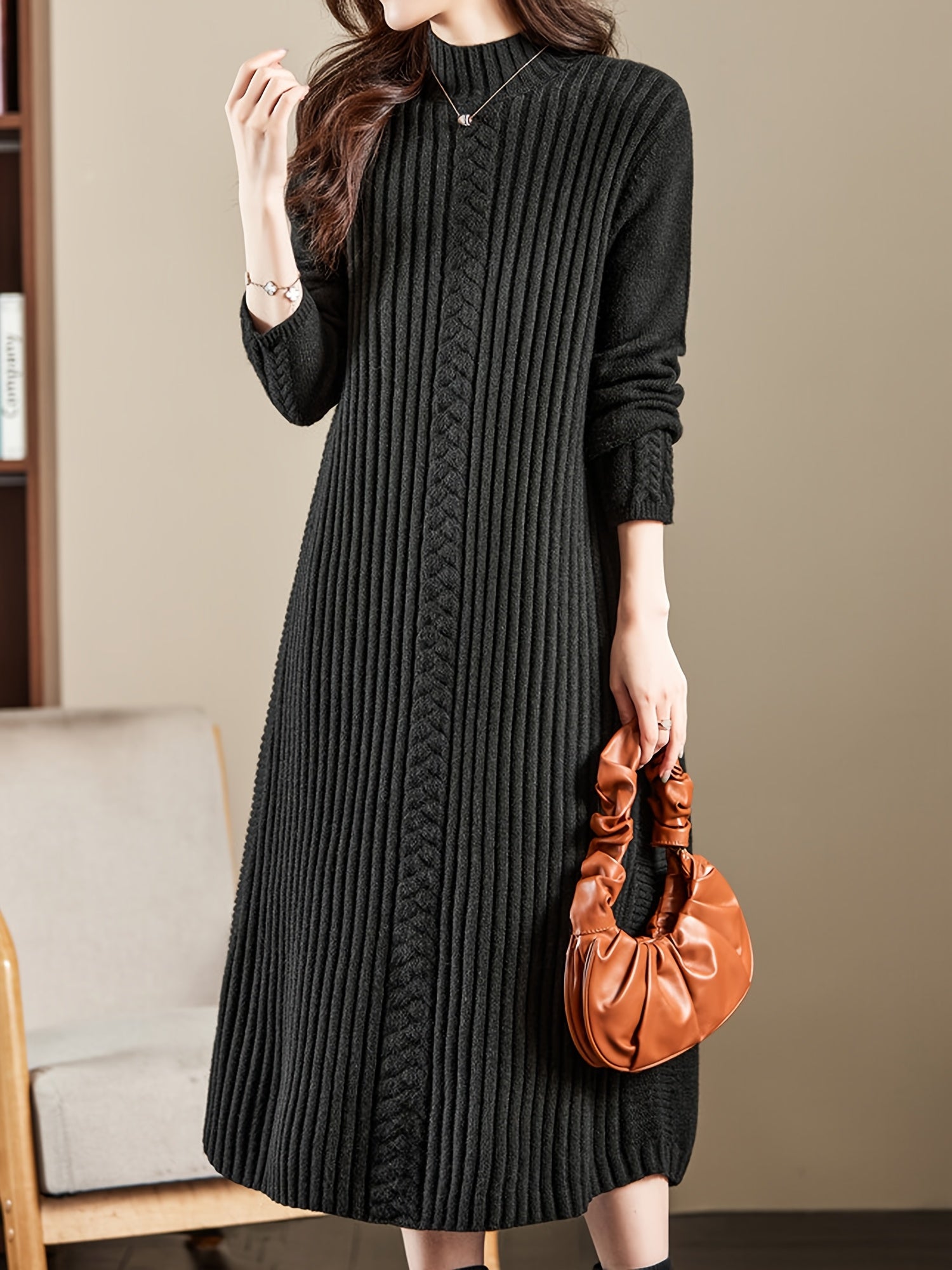 Women's High Neck Long Sleeve Knit Midi Dress - Soft Acrylic Blend, Regular Fit
