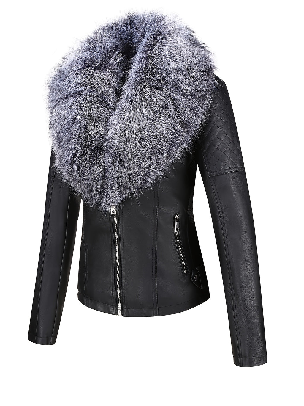 Women's Retro Faux Leather Motorcycle Jacket with Detachable Large Fur Collar - Fall/Winter