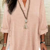 Plus Size Faux Denim Blouse with Decorative Buttons & Tassel Knot Front High-Low Hem Spring/Summer Polyester Blend