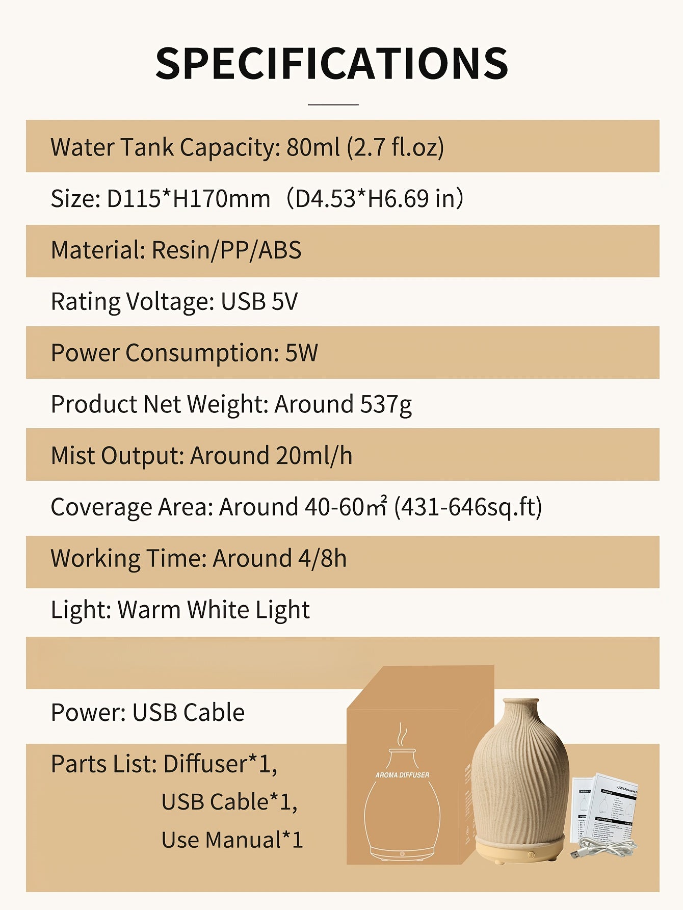 Handmade Resin Cover Aroma Diffuser with Soundwave Technology – USB-Powered Humidifier, Essential Oil Compatible, Auto Shut-Off