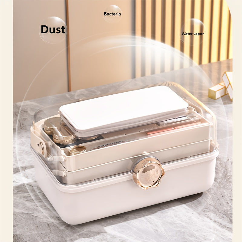 Large Capacity Makeup Organizer Box with Mirror - Multi-Layer Dust-Proof Cosmetic Case with Lock, Beige & White for Travel & Home Storage