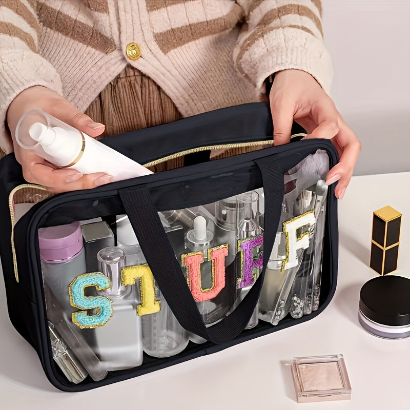 Large Transparent Makeup Organizer Bag with SURF Embroidery | Foldable Travel Cosmetic Pouch with Double-Handle Zipper