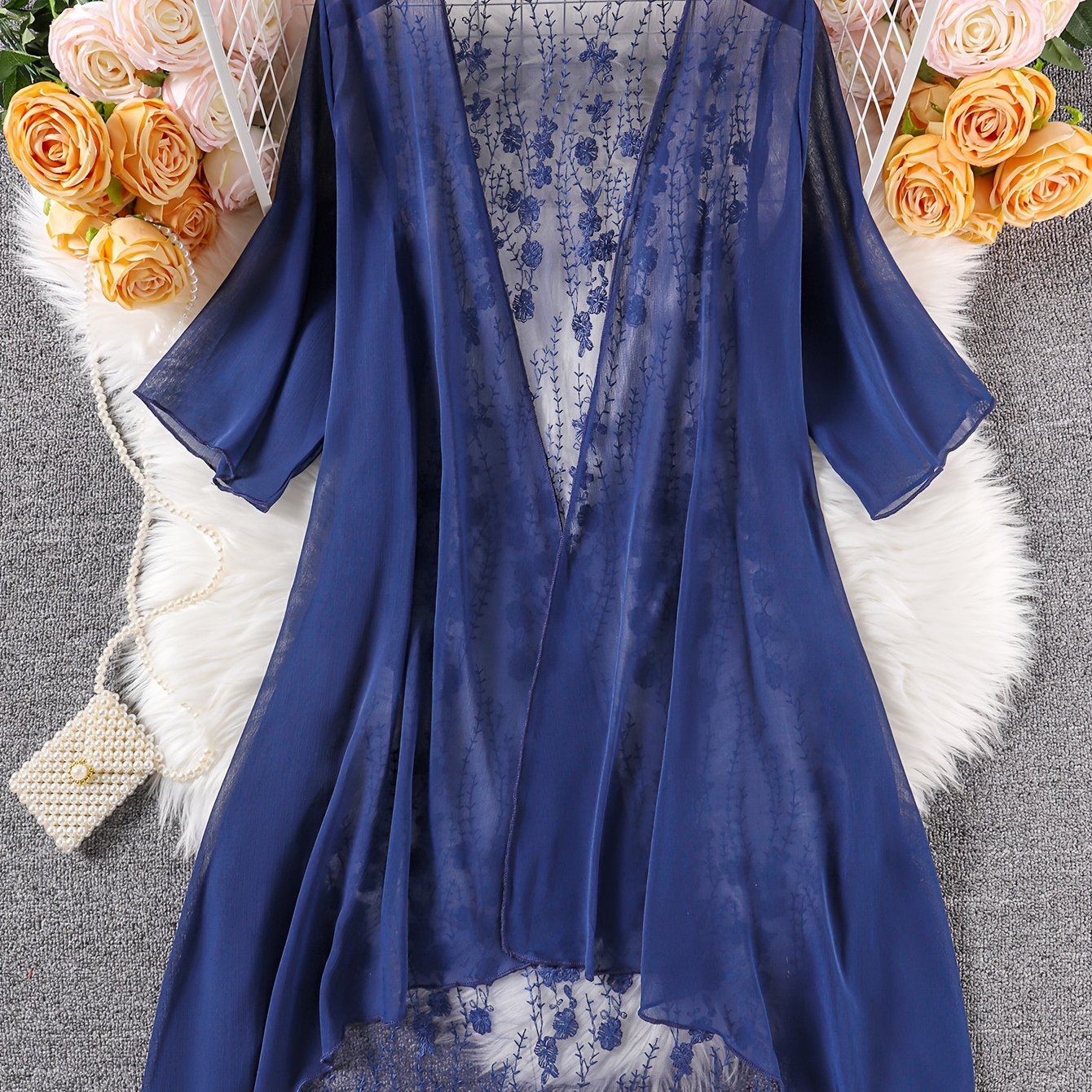 Plus Size Floral Embroidered Kimono Cardigan - Lace Trim Midi Cape, Long Sleeve Semi-Sheer