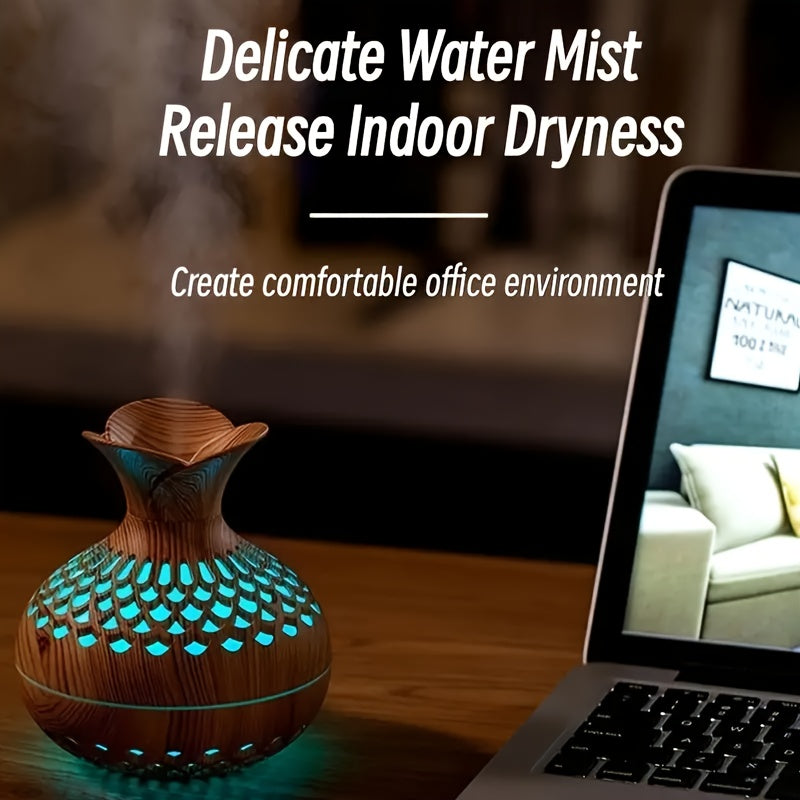 USB-Powered Wood Grain Flower Humidifier & Desk Lamp — Essential Oil Diffuser for Home & Office