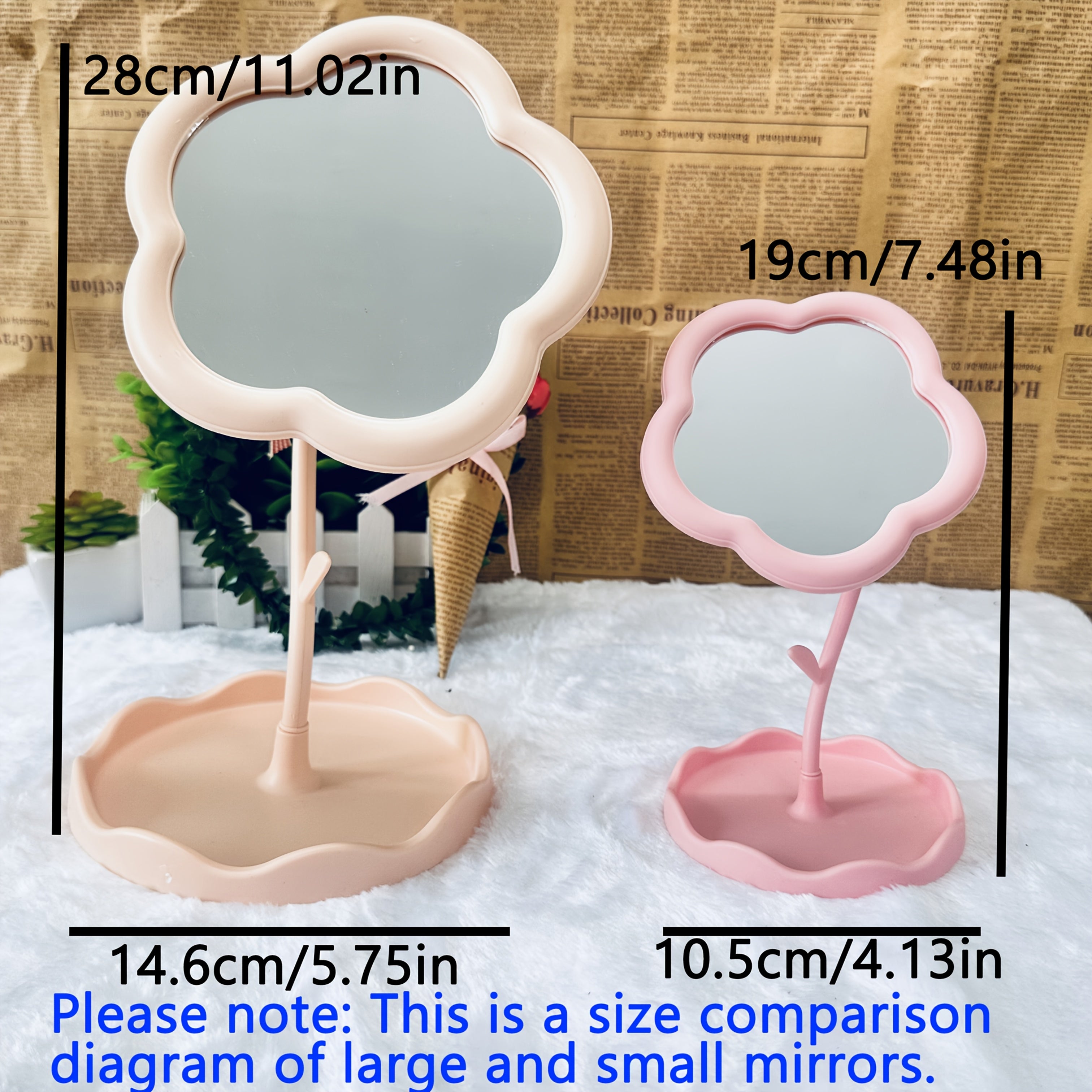 Floral Glass Makeup Vanity Mirror with Adjustable Stand & Tray — Portable Polished Plastic Frame for Dresser, Vanity, Bathroom