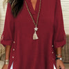 Plus Size Faux Denim Blouse with Decorative Buttons & Tassel Knot Front High-Low Hem Spring/Summer Polyester Blend