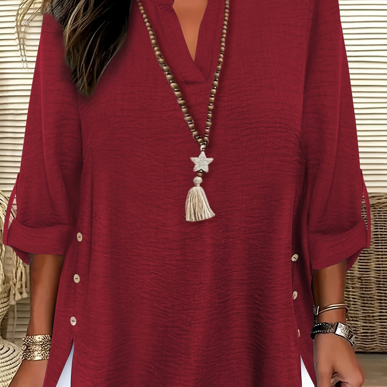 Plus Size Faux Denim Blouse with Decorative Buttons & Tassel Knot Front High-Low Hem Spring/Summer Polyester Blend