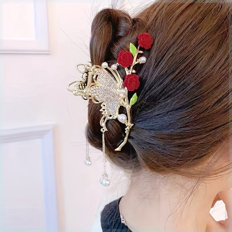 Vintage Butterfly Hair Clip with Faux Pearls & Rhinestones, Red & Gold Tassel Hair Accessory for Women