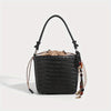 Woven Bucket Bag for Women - Drawstring Closure, Adjustable Shoulder Strap & Wristlet, Split Leather Carryall (White, Black, Burgundy, Coffee)