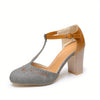 Women's Retro Colorblock T-Strap Block Heel Sandals, Round Toe, Buckle Closure