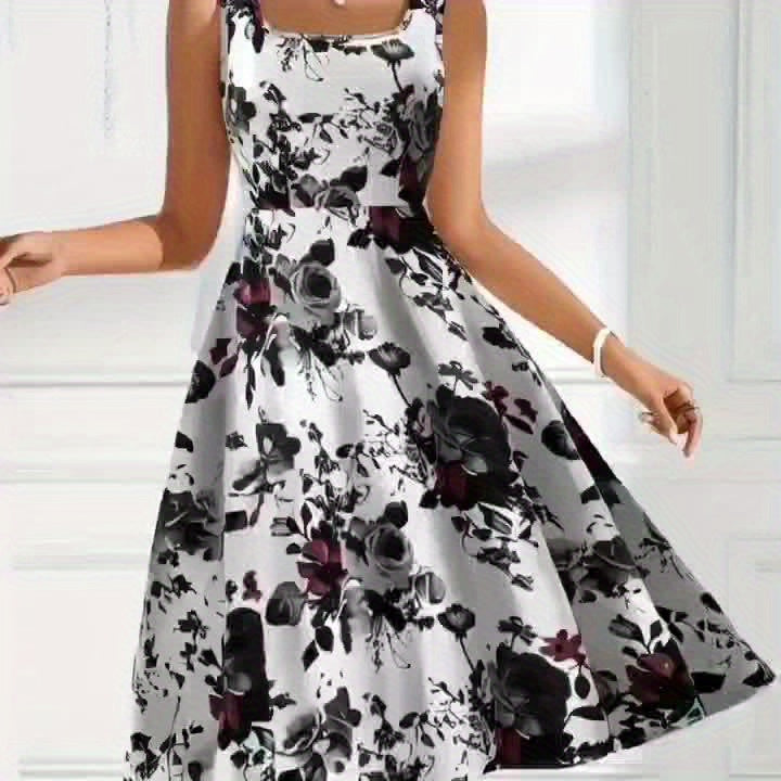 Women's A-Line Floral Dress – Sleeveless Square Neck Knit Polyester Blend, Black & White Rose Print, Spring/Summer