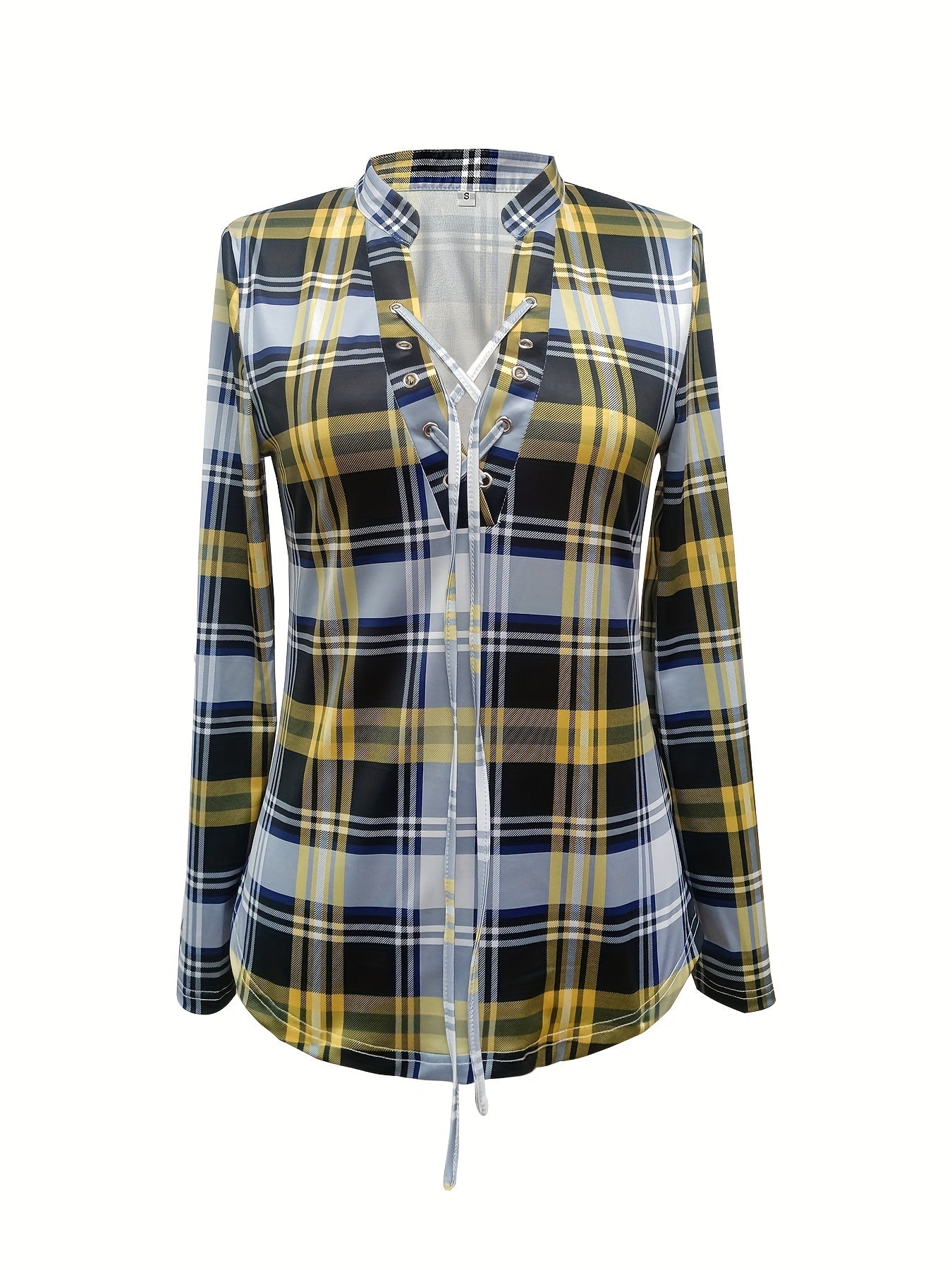 Plaid Drawstring V-Neck Blouse - Casual Long Sleeve Top for Women