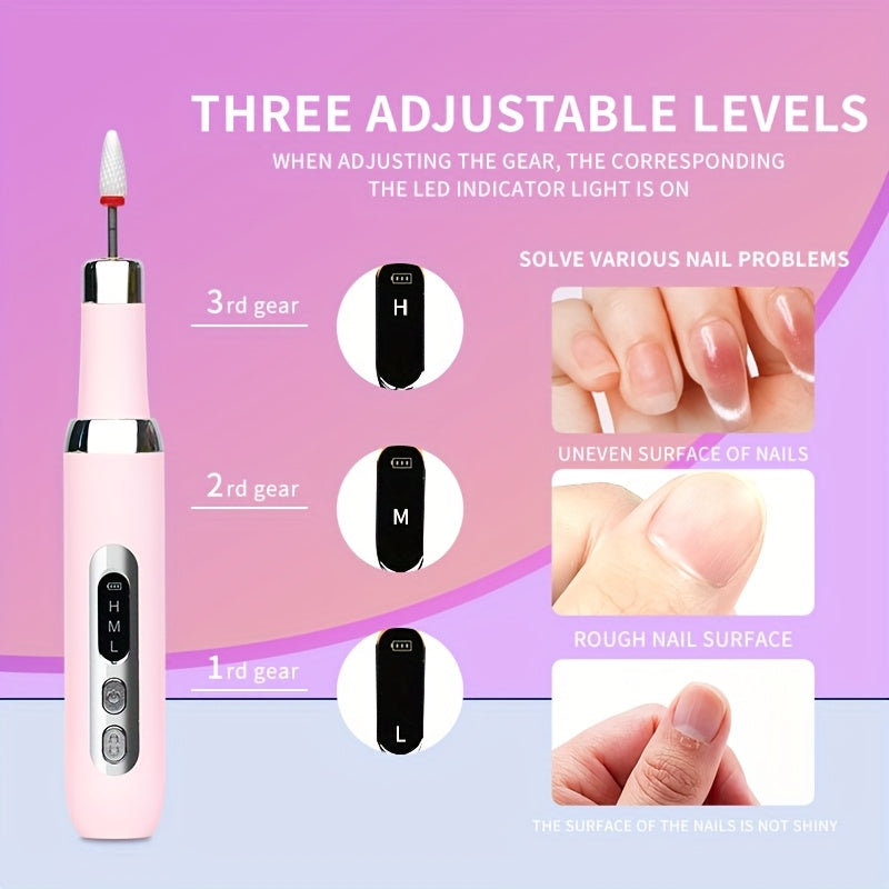 Cordless Electric Nail Drill Kit with Drill Bits & Sanding Bands, Rechargeable USB Manicure & Pedicure File for Acrylic Gel Nails (Bright Pink)