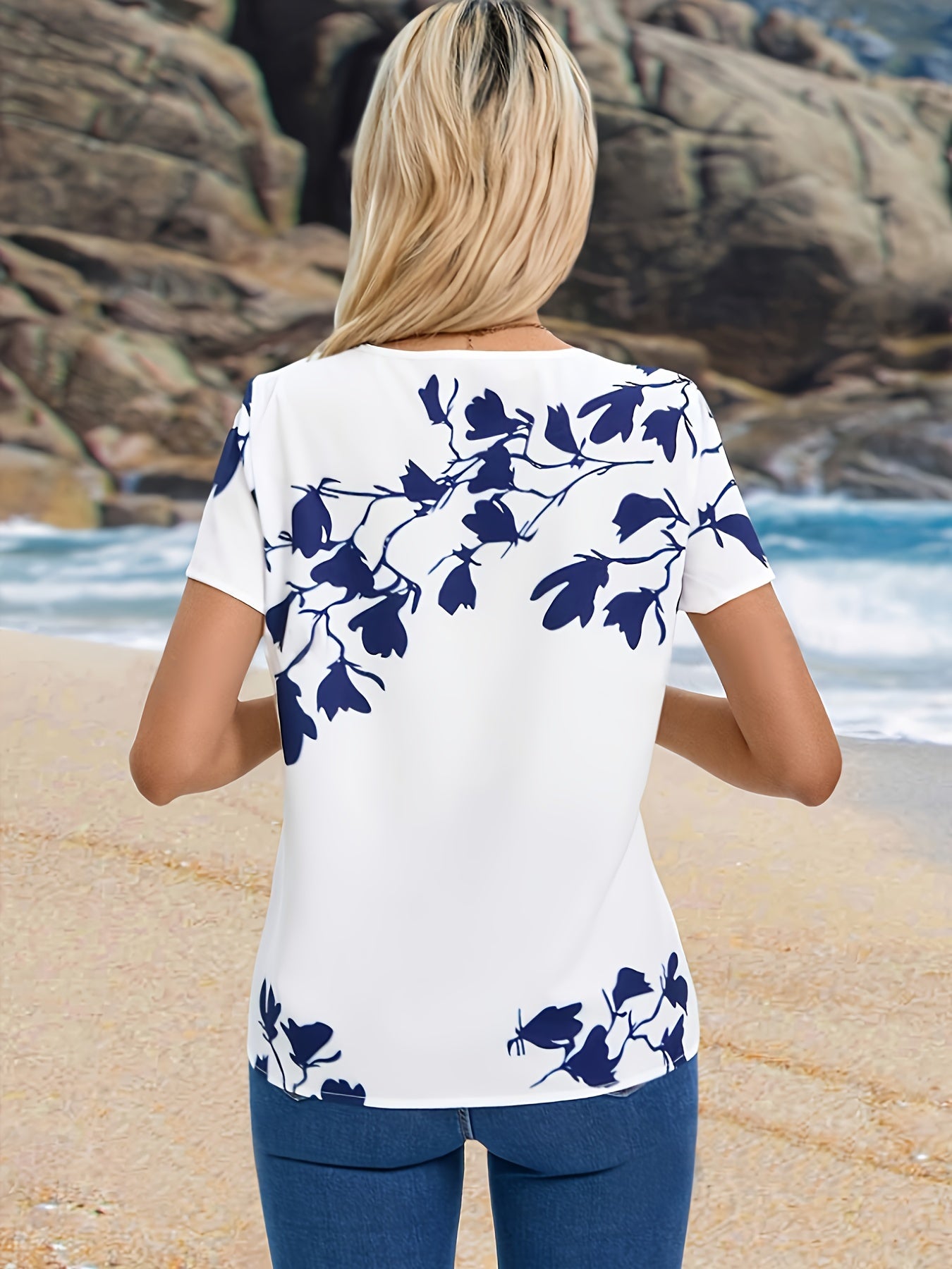 Women's Navy Floral Peplum Blouse - Short Sleeve Round Neck with Faux Buttons, Breathable Summer Top