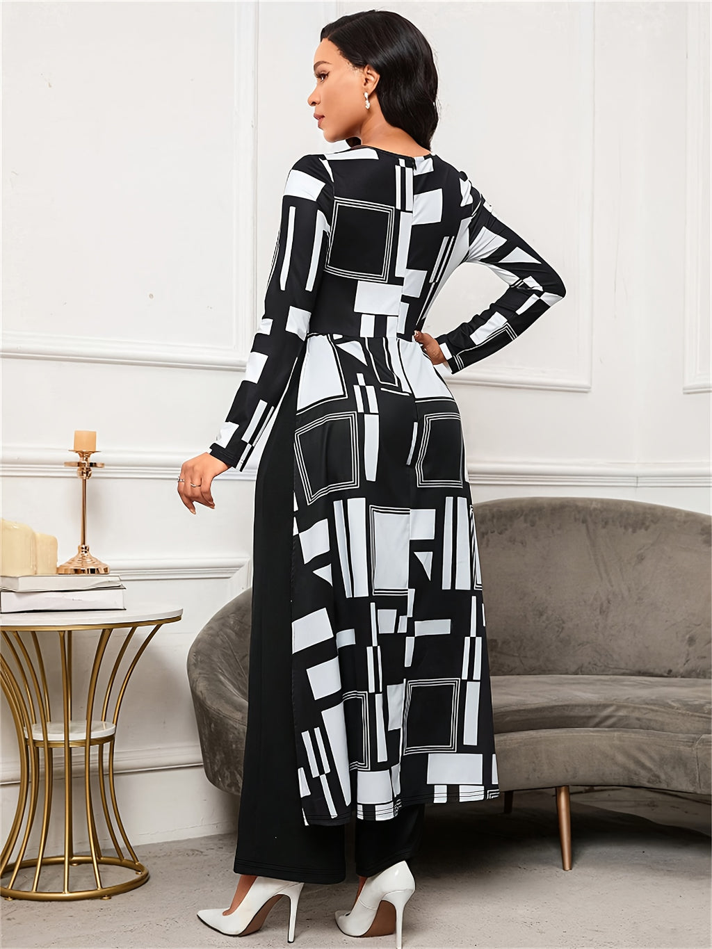 Women's Black & White Plaid Jumpsuit – Winter Wide-Leg Trousersuit with Crew Neck & Asymmetrical Collar, Machine Washable Full-Length Bodysuit for Office Party Wedding