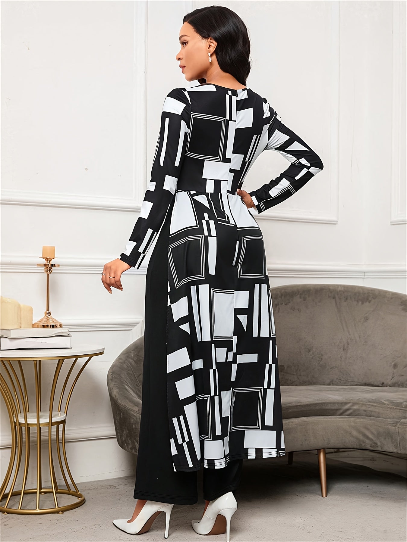 Women's Black & White Plaid Jumpsuit – Winter Wide-Leg Trousersuit with Crew Neck & Asymmetrical Collar, Machine Washable Full-Length Bodysuit for Office Party Wedding