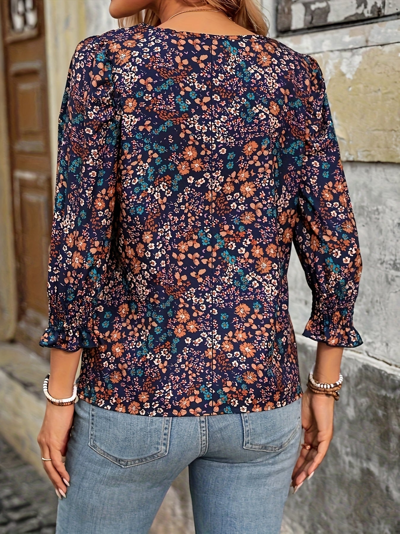 Boho Floral Smocked Blouse – Shirred Neckline, 3/4 Sleeve Women's Top (All-Season Casual & Party Wear)