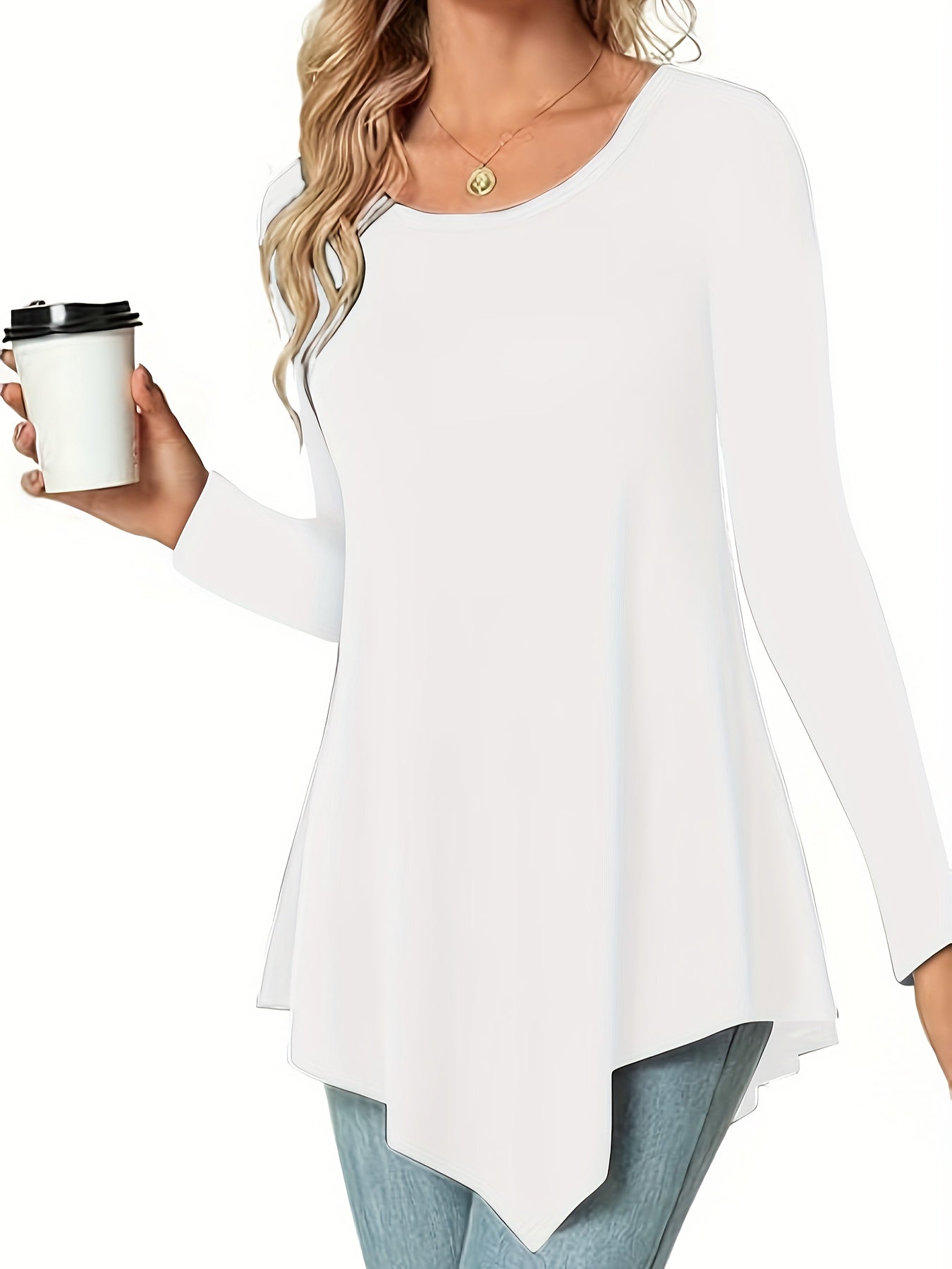 Women's Long Sleeve Peplum Top - Relaxed Fit Crew Neck Casual Blouse for Spring, Summer & Fall