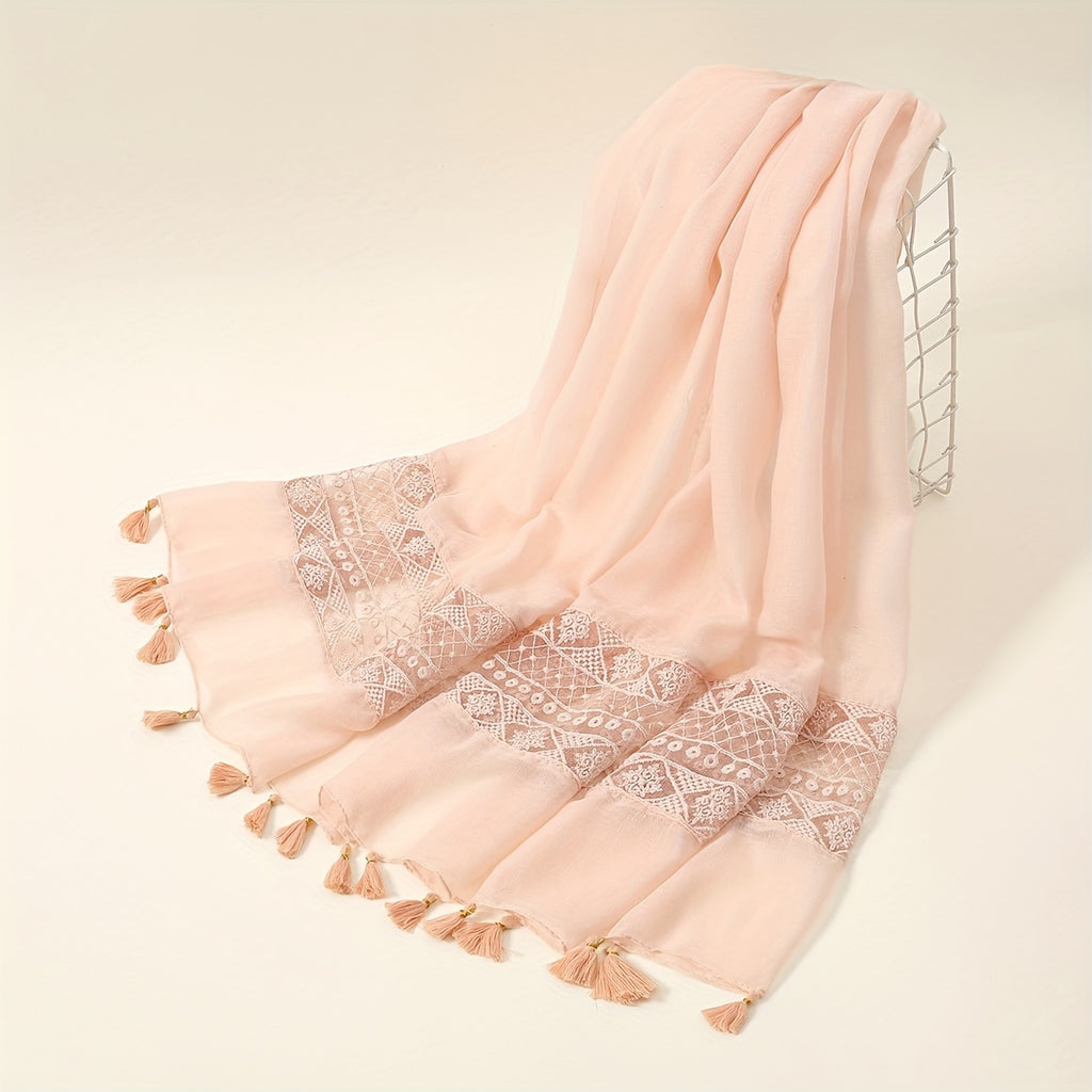 Embroidered Hollow Lace Tassel Scarf for Women — Elegant Lightweight Windproof Wrap for Cold Weather & Eid