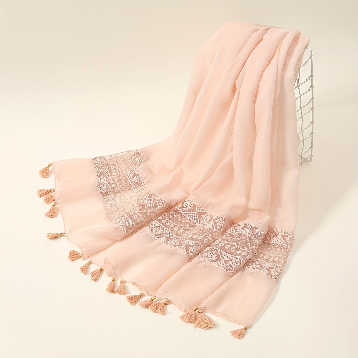 Embroidered Hollow Lace Tassel Scarf for Women — Elegant Lightweight Windproof Wrap for Cold Weather & Eid