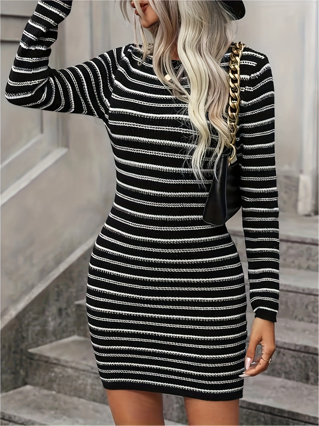 Women's Black & White Horizontal Stripe Sweater Dress – Crew Neck Machine-Washable Pullover for Office to Party