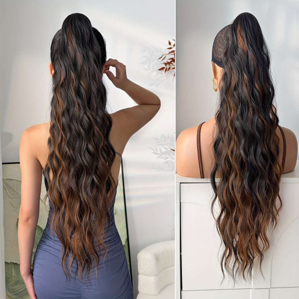 28-Inch (71 cm) Heat-Resistant Clip-In Water Wave Ponytail Extension - Synthetic Ombre Hairpiece (Blonde/Brown/Black/Red/Dark Brown) for Women & Girls