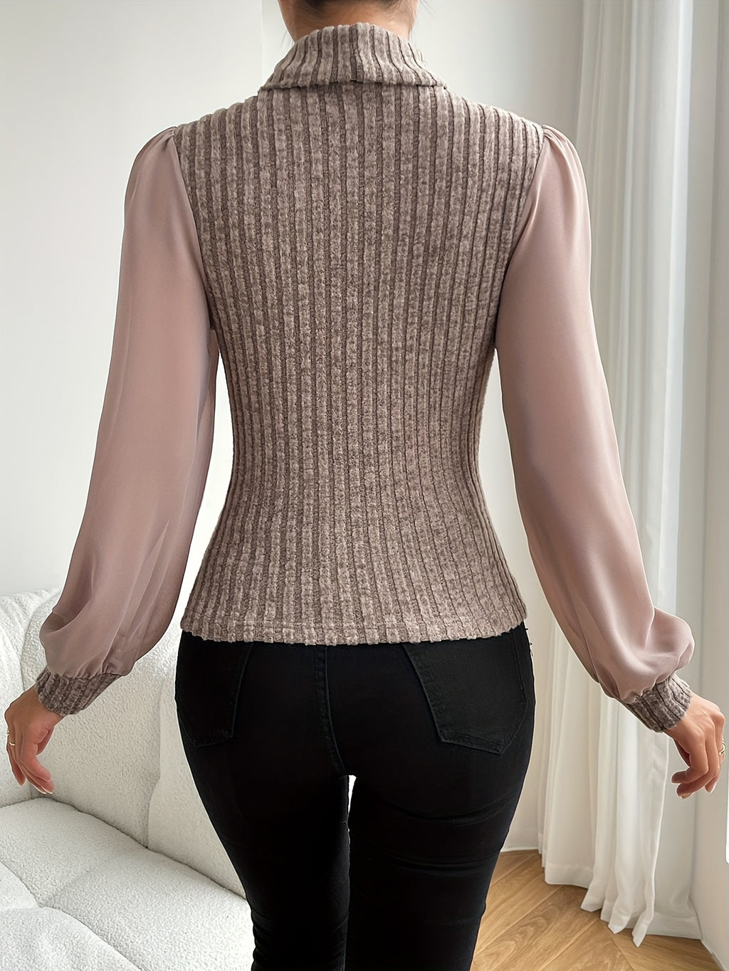 High-Neck Puff Sleeve Blouse for Women - Elegant Solid Color Top