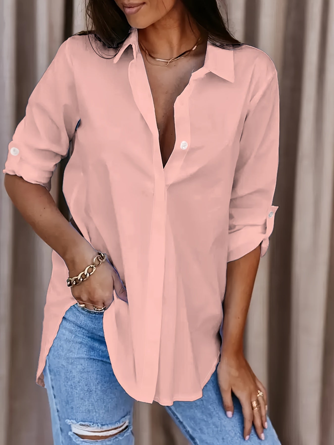 Women's Solid Button-Front Shirt - Casual Turn-Down Collar Office Blouse
