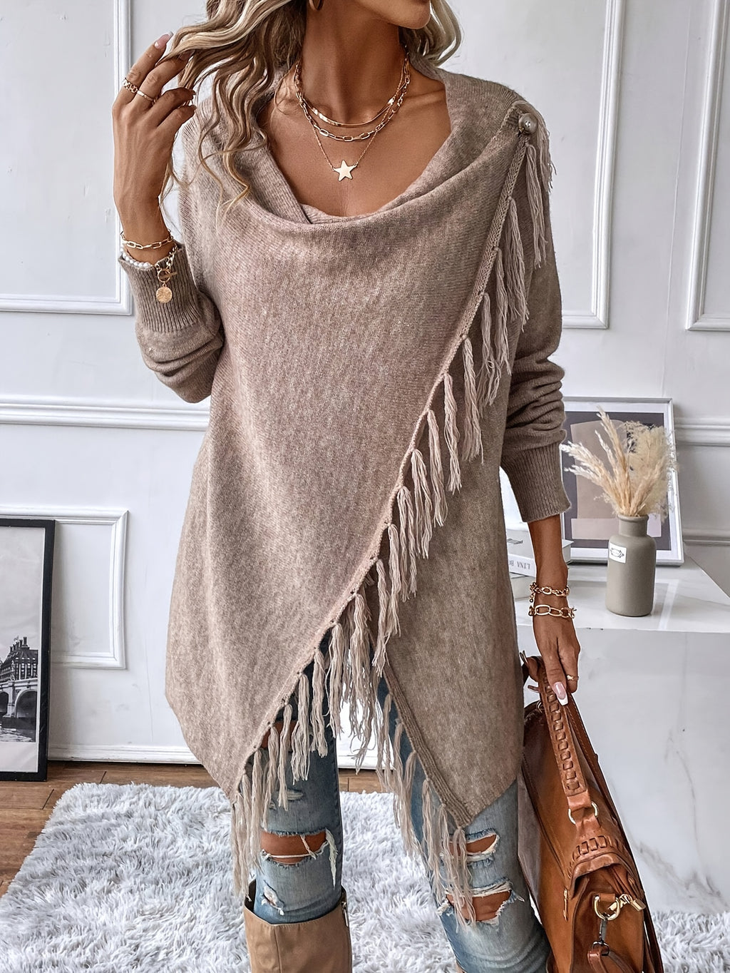 Women's Fringe Tassel Draped Neckline Shawl Wrap - Knit Polyester Fall/Winter
