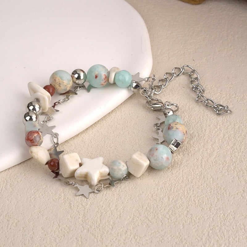 Women's Bohemian Double-Layer Starfish & Agate Beaded Bracelet - Adjustable Lobster Clasp, Natural Stone October Birthstone, Turquoise Green Red Brown Gold-Tone