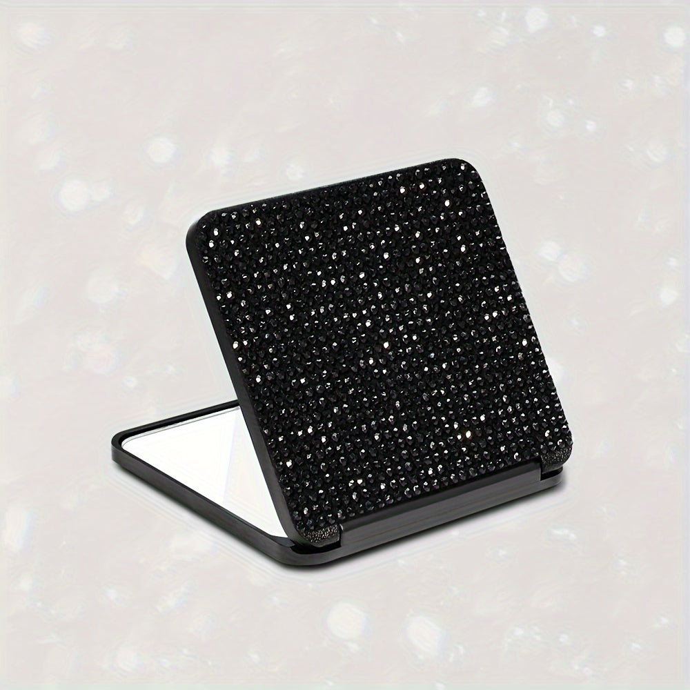 Sparkling Rhinestone Folding Compact Makeup Mirror - Dual-Sided Square Pocket Mirror for Purse & Handbag, Battery-Free