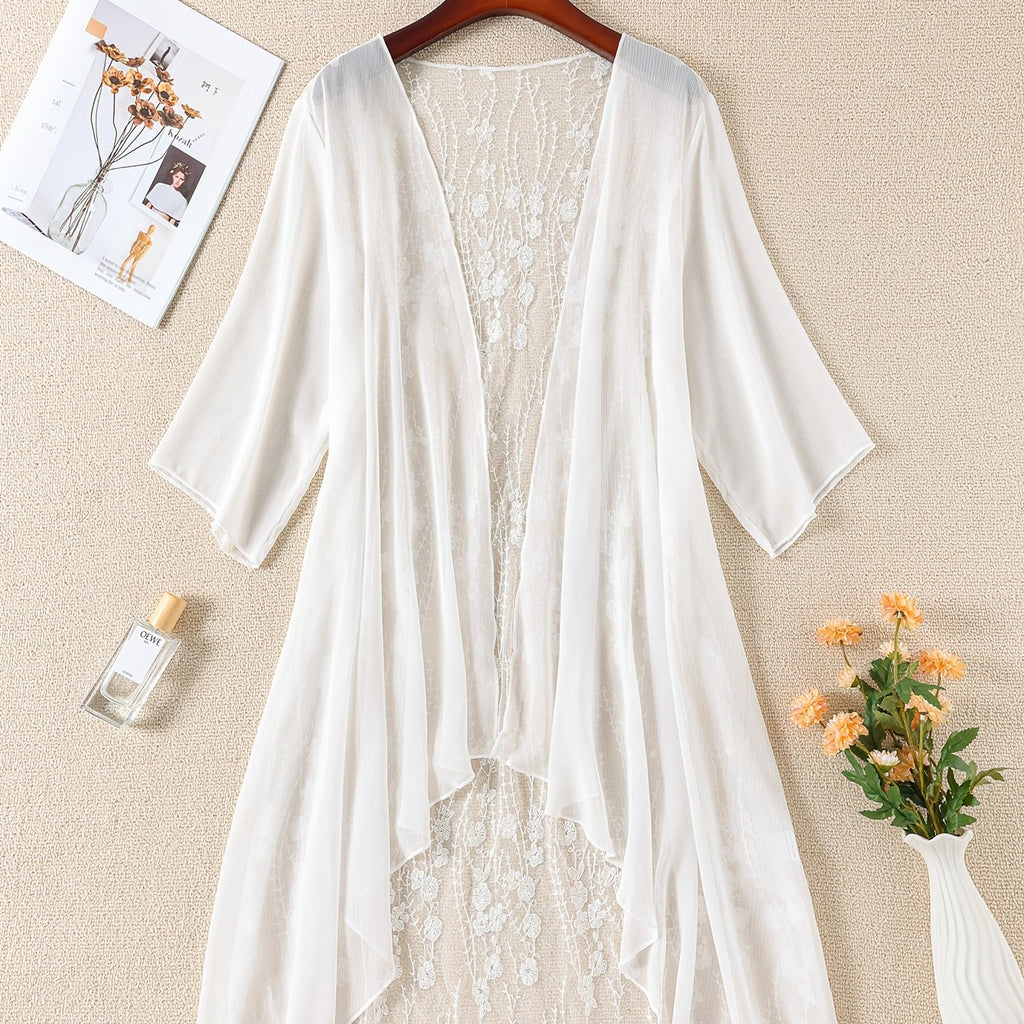 Plus Size Floral Embroidered Kimono Cardigan - Lace Trim Midi Cape, Long Sleeve Semi-Sheer