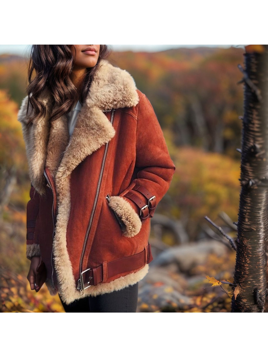 AFTF BASIC Women's PU Leather Faux Fur Motorcycle Biker Jacket — Longline Slim-Fit Asymmetrical Zipper with Golden Hardware (Brown/Black, Hand-Washable)