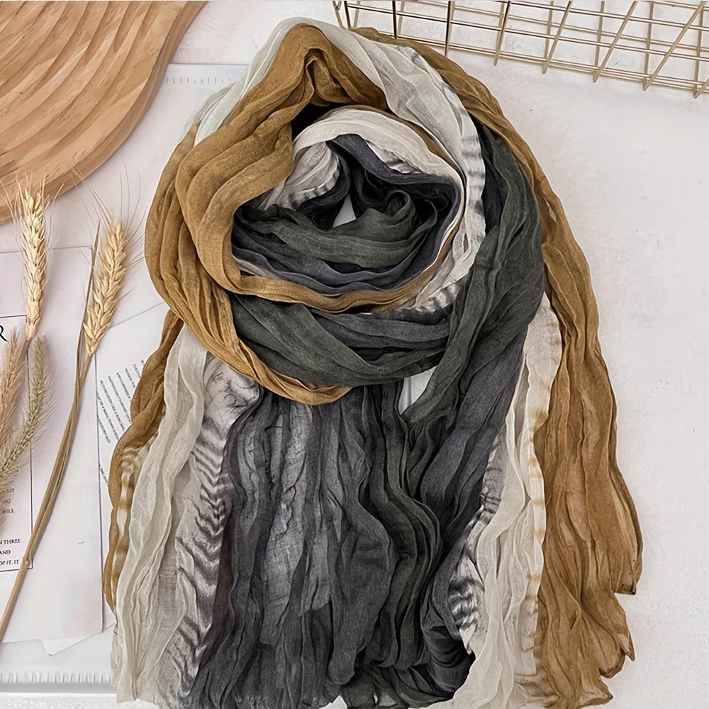 Gradient Blue Pleated Scarf - Lightweight Breathable Viscose Shawl Wrap, Boho Beach & Casual Long Scarf