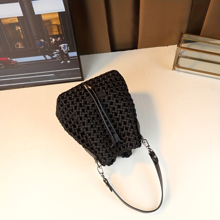 Women's Handwoven Mini Bucket Bag - Detachable Adjustable Shoulder Strap, Drawstring Closure, Durable Nylon Crossbody Purse, Black