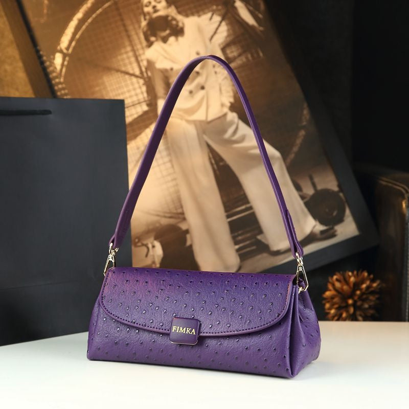 Purple Ostrich-Pattern Split Leather Baguette Bag – Vintage Women's Handbag with Removable Strap