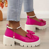 Women's Bow Accent Penny Loafers with Faux Pearl Ankle Strap, Chunky Heel Platform