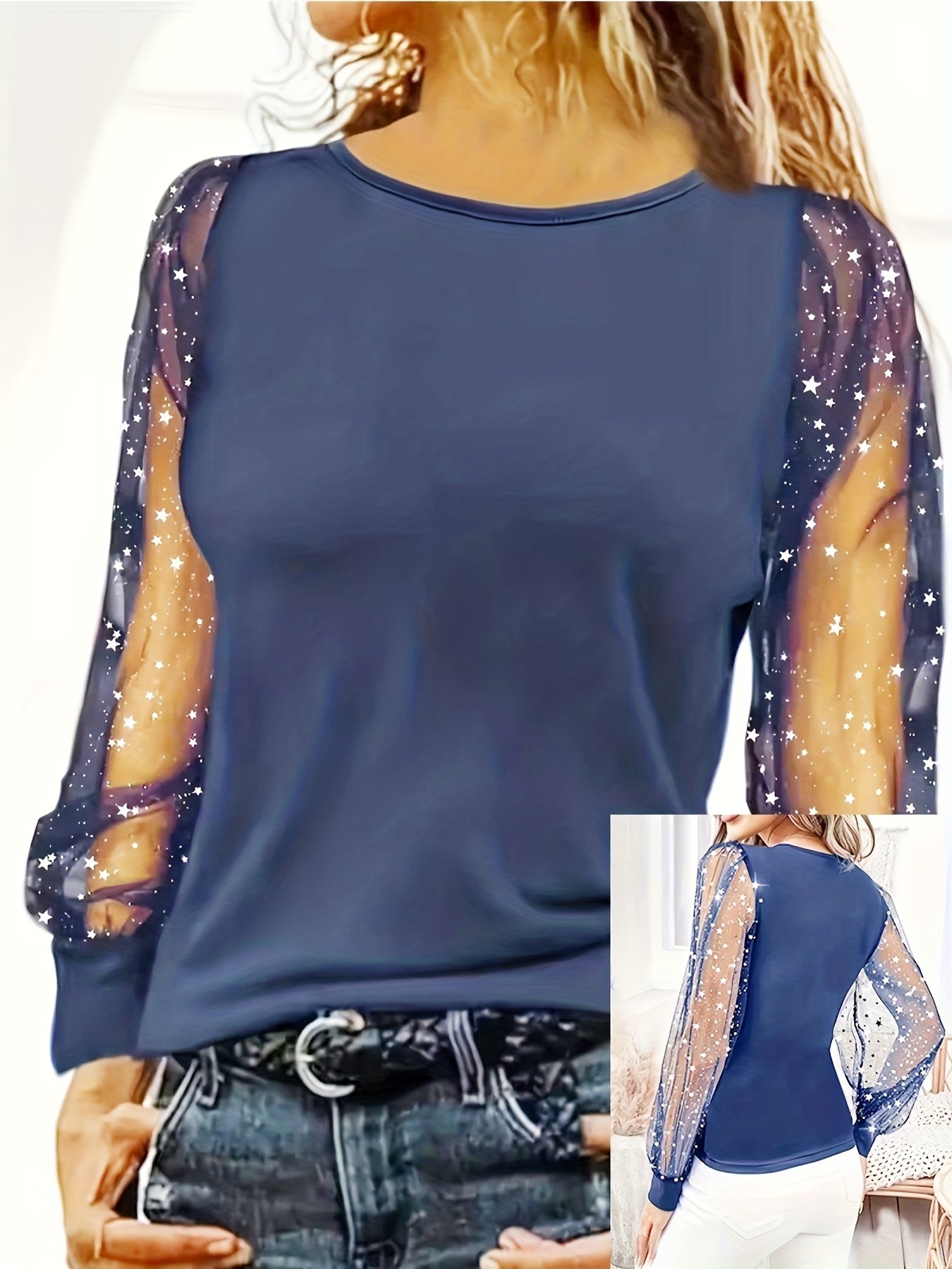 Women's Navy Long-Sleeve Blouse with Sequin Sleeve Trim - Stretchy Knit Crew Neck Top, Machine Washable for Office & Party