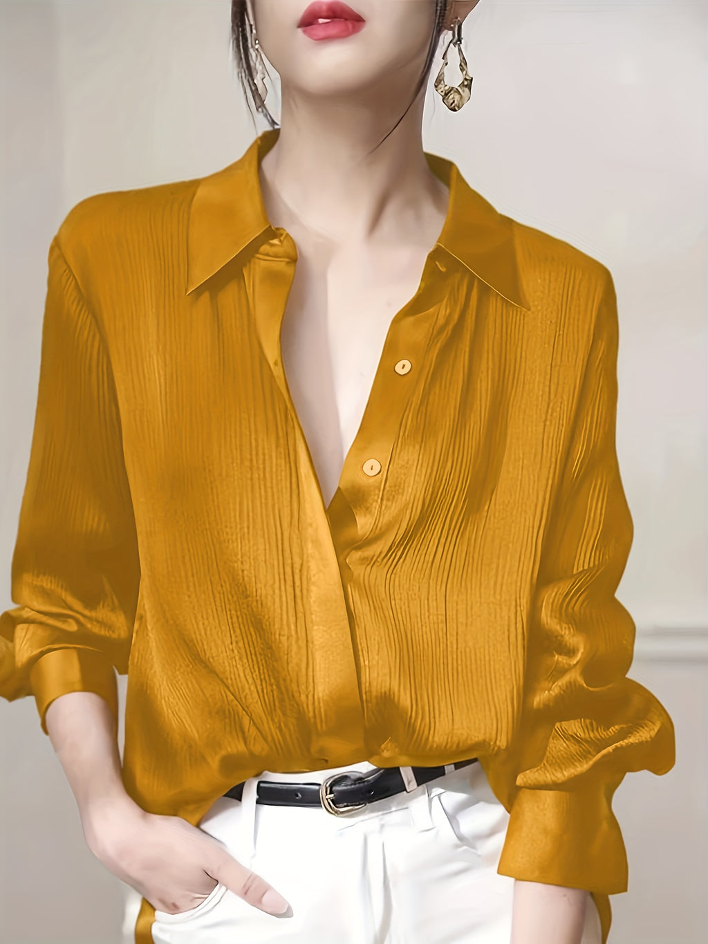 Women's Black Satin-Finish Button-Up Shirt, 100% Polyester Long Sleeve, Regular Fit, Machine Washable